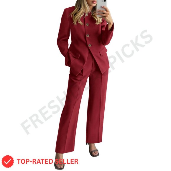 Jackets & Blazers - Long Sleeve Blazer Wide Leg Pant Suit Set Business Casual Elegant Minimal